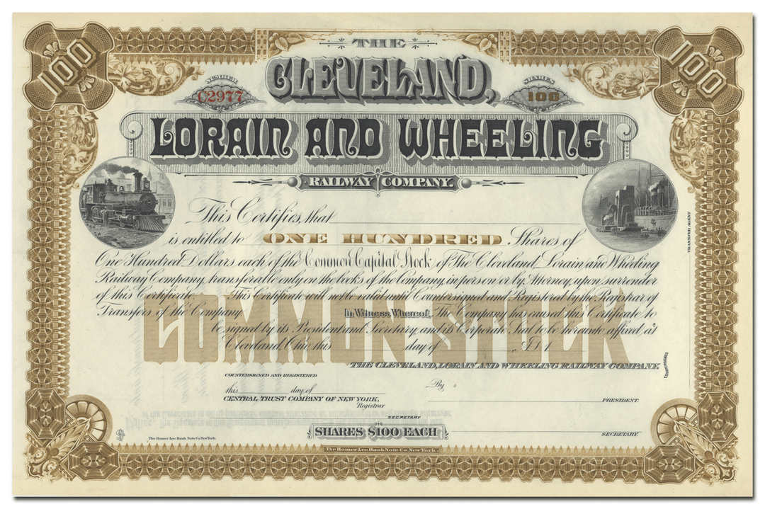 Cleveland, Lorain and Wheeling Railway Company Stock Certificate