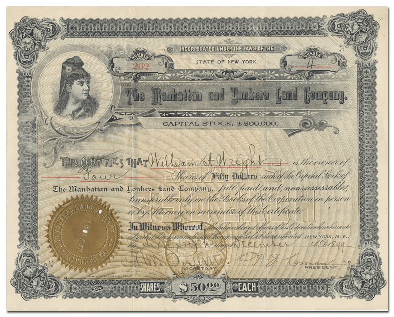 Manhattan and Yonkers Land Company Stock Certificate