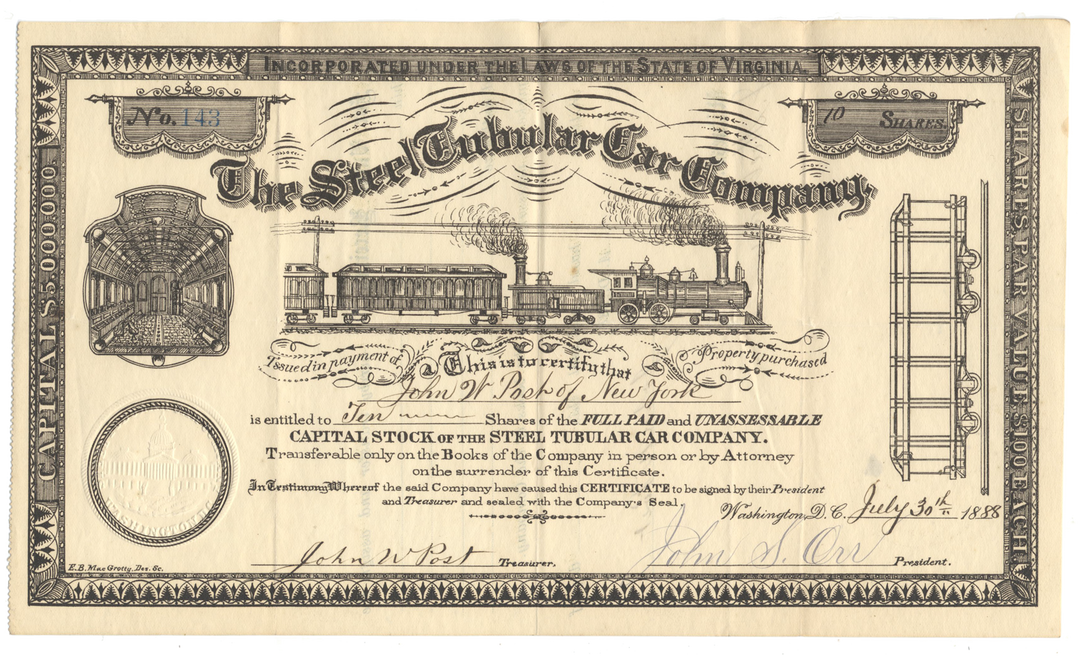 Steel Tubular Car Company Stock Certificate