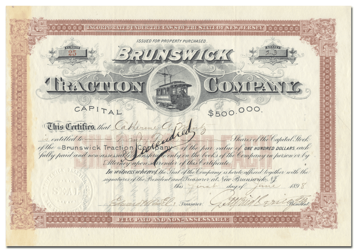 Brunswick Traction Company Stock Certificate