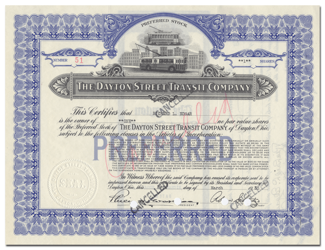 Dayton Street Transit Company Stock Certificate