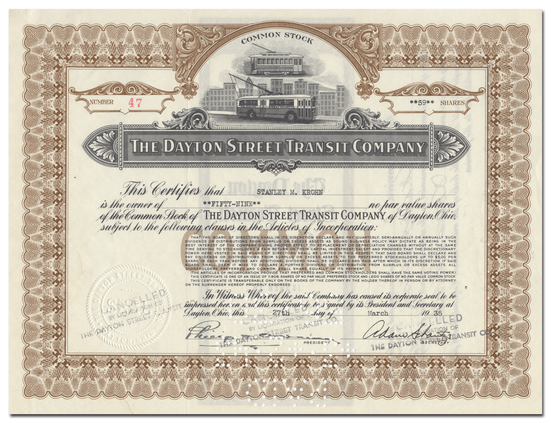 Dayton Street Transit Company Stock Certificate