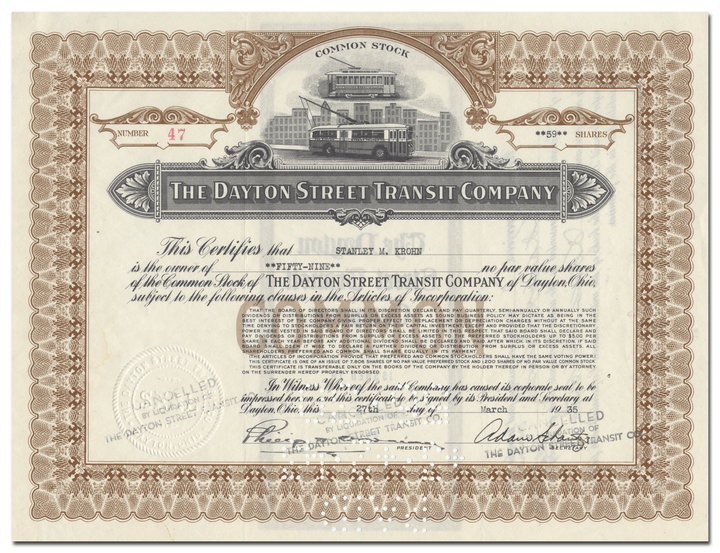 Dayton Street Transit Company Stock Certificate