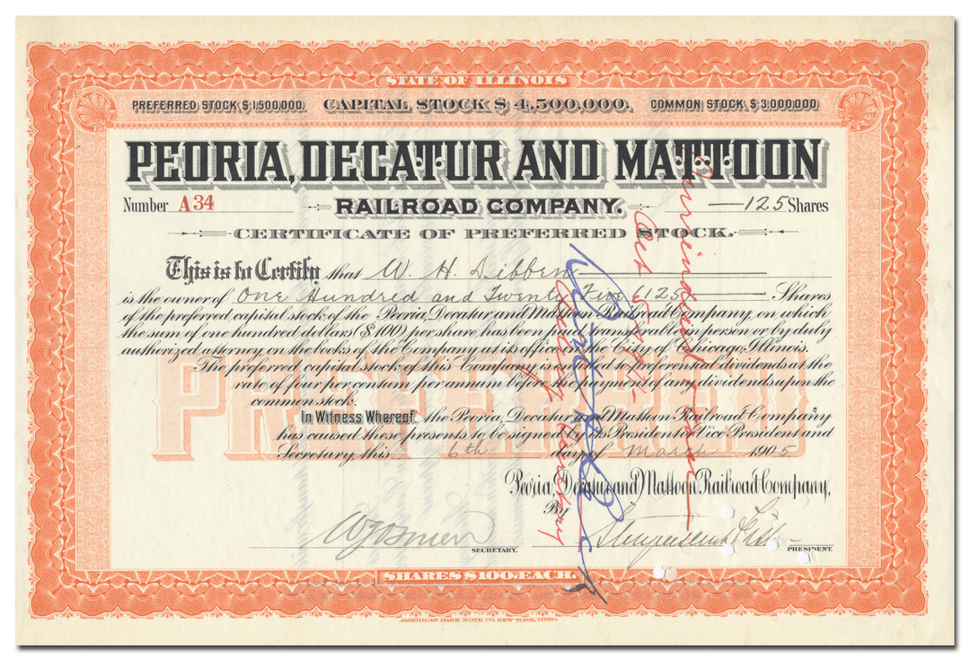 Peoria, Decatur and Mattoon Railroad Company Stock Certificate Signed by Stuyvesant Fish