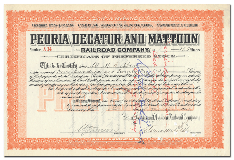Peoria, Decatur and Mattoon Railroad Company Stock Certificate Signed by Stuyvesant Fish