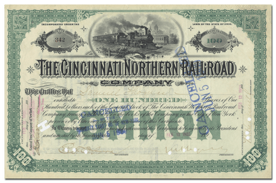 Cincinnati Northern Railroad Company Stock Certificate Signed by Melville Ingalls