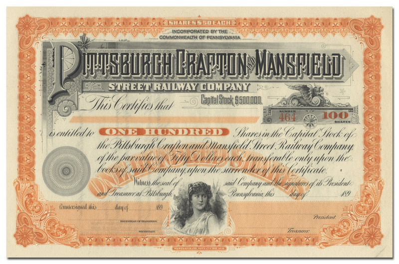 Pittsburgh Crafton and Mansfield Street Railway Company Stock Certificate