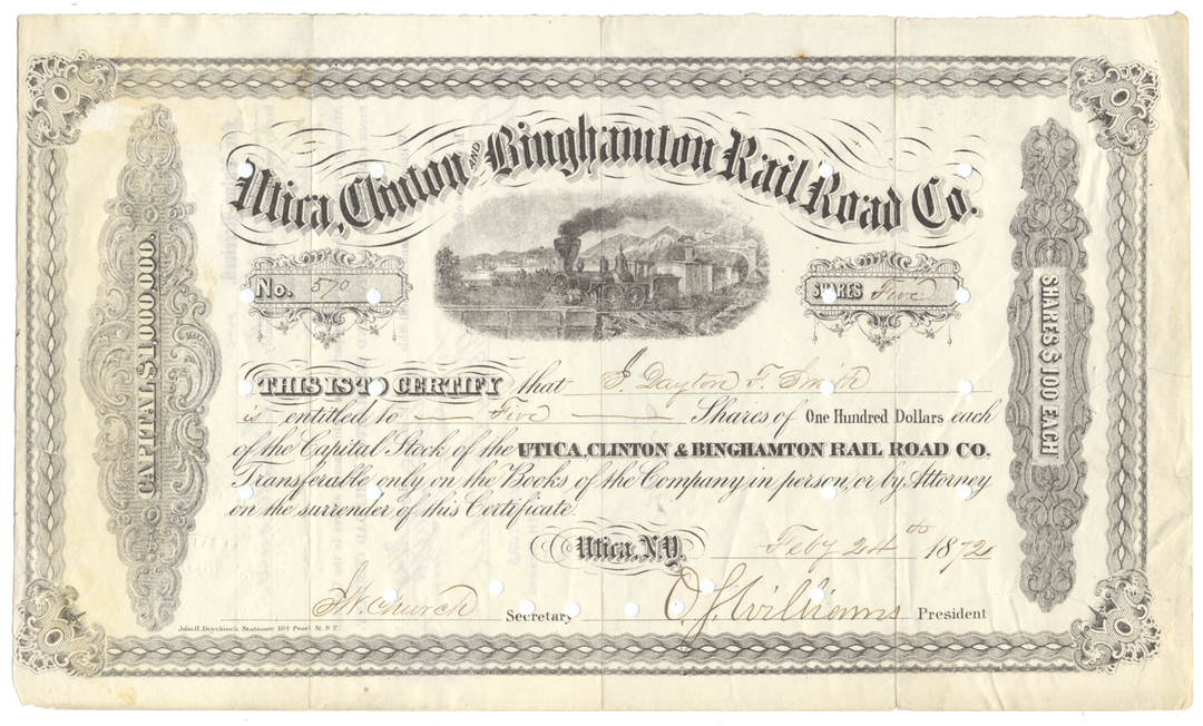 Utica, Clinton and Binghamton Rail Road Co. Stock Certificate