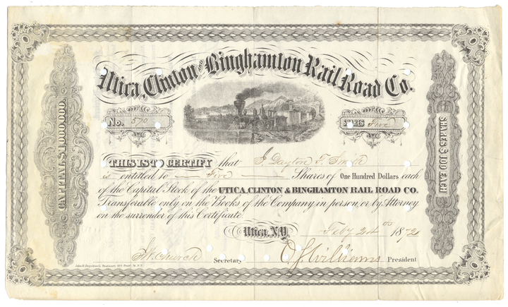 Utica, Clinton and Binghamton Rail Road Co. Stock Certificate