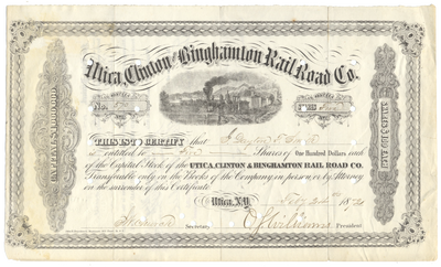 Utica, Clinton and Binghamton Rail Road Co. Stock Certificate