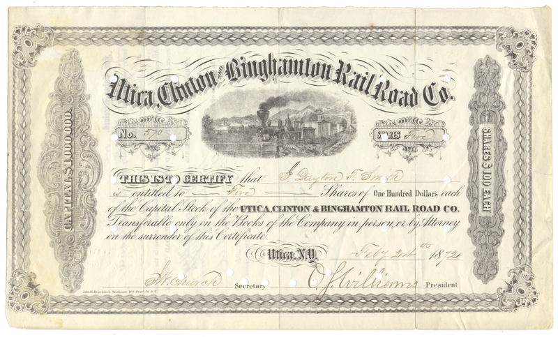 Utica, Clinton and Binghamton Rail Road Co. Stock Certificate