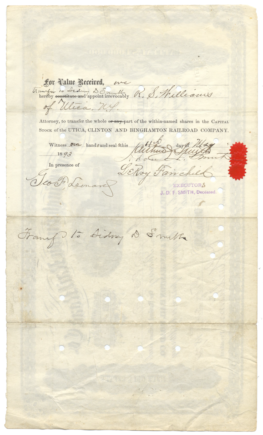 Utica, Clinton and Binghamton Rail Road Co. Stock Certificate