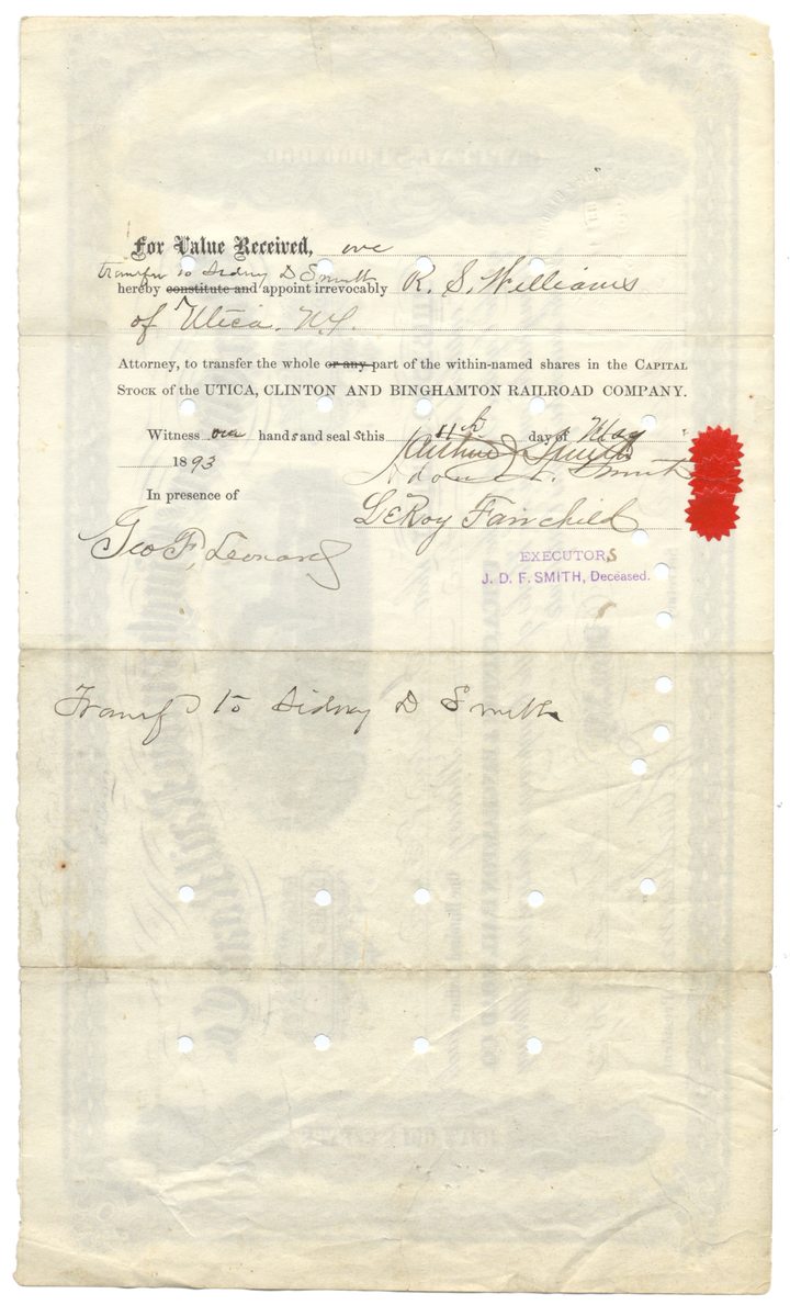 Utica, Clinton and Binghamton Rail Road Co. Stock Certificate