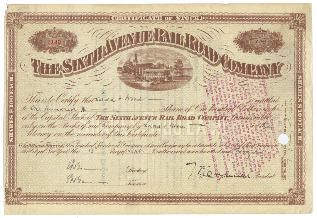 Sixth Avenue Rail Road Company  Stock Certificate