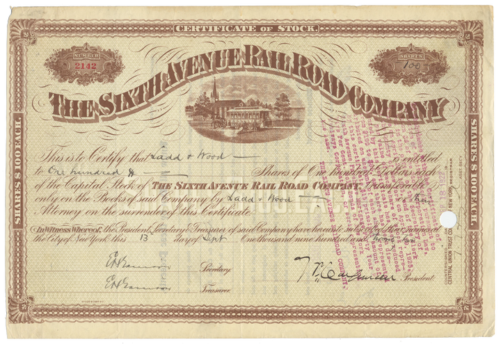 Sixth Avenue Rail Road Company  Stock Certificate