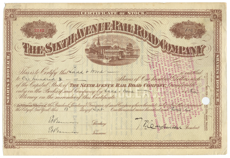 Sixth Avenue Rail Road Company  Stock Certificate