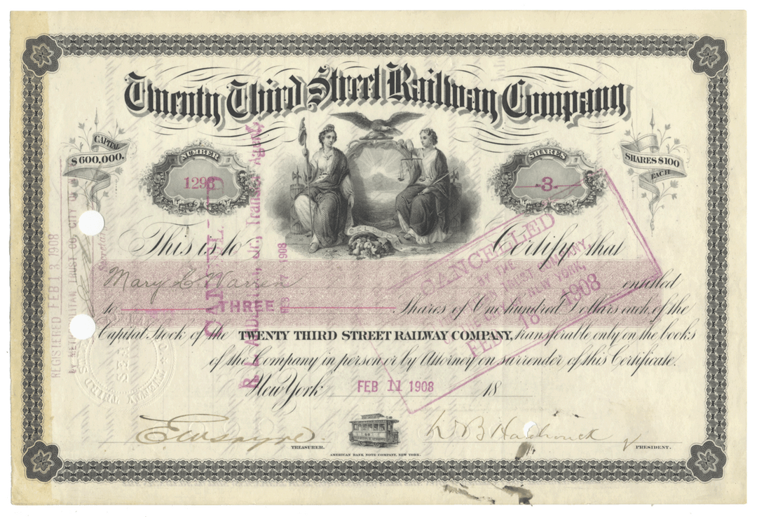 Twenty Third Street Railway Company Stock Certificate