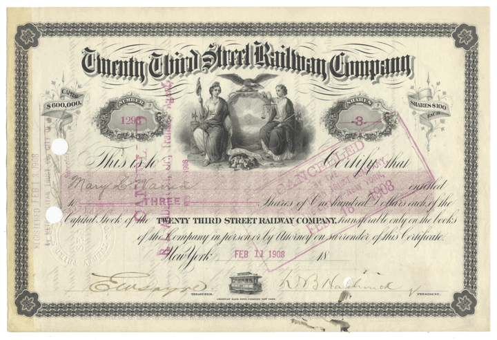 Twenty Third Street Railway Company Stock Certificate