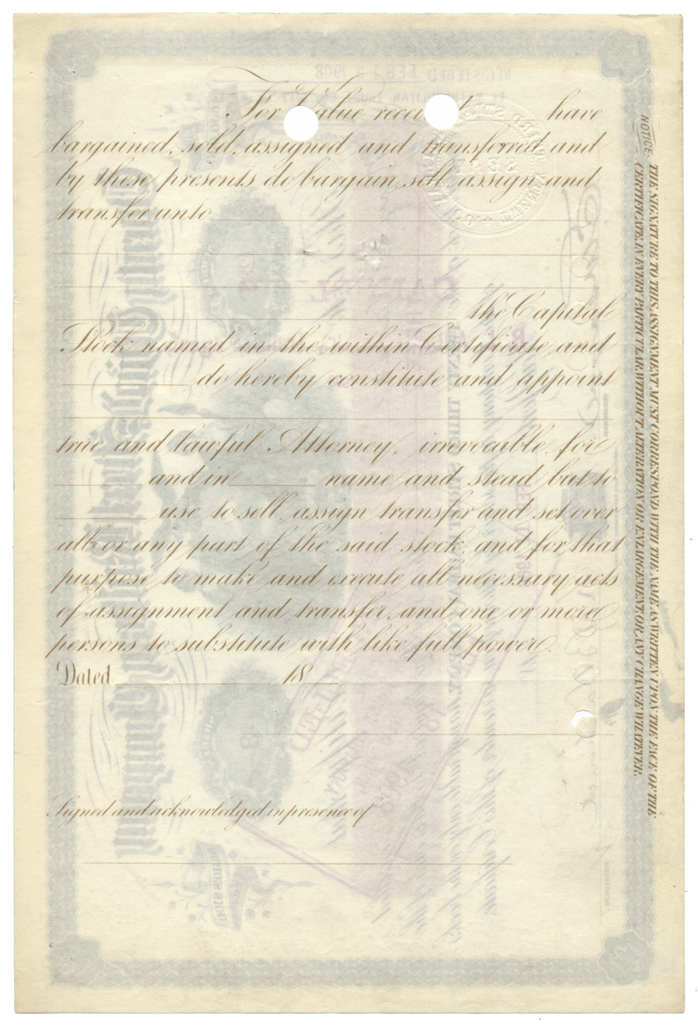 Twenty Third Street Railway Company Stock Certificate