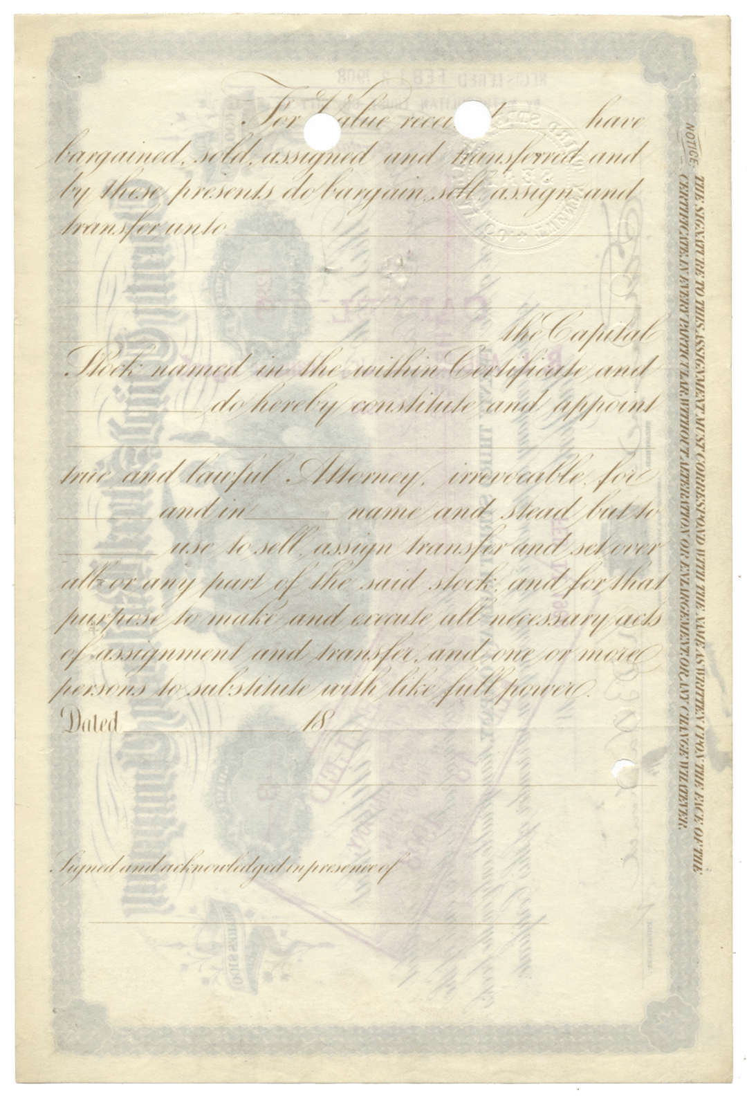 Twenty Third Street Railway Company Stock Certificate