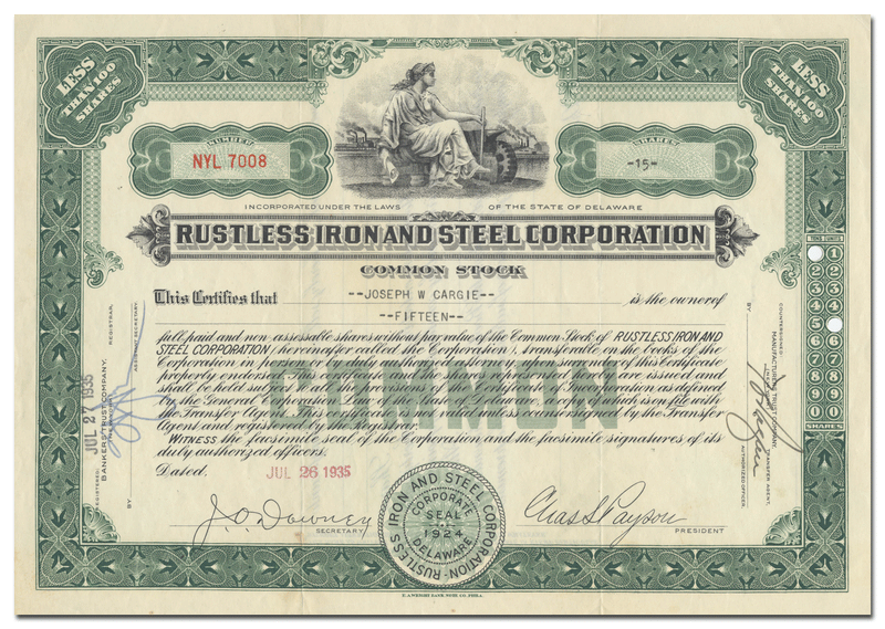 Rustless Iron and Steel Corporation Stock Certificate