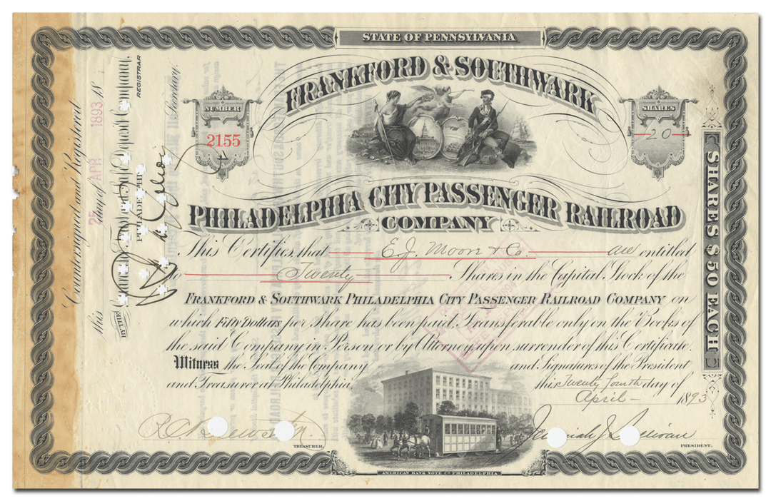 Frankford & Southwark Philadelphia City Passenger Railroad Company Stock Certificate