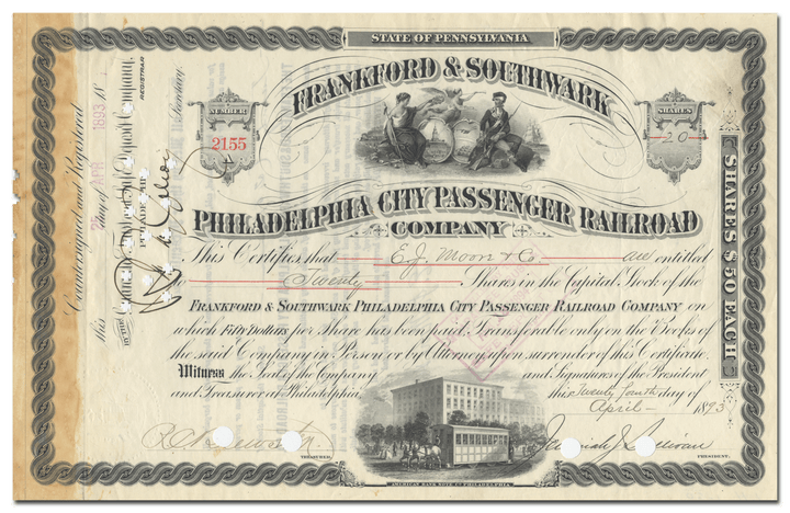 Frankford & Southwark Philadelphia City Passenger Railroad Company Stock Certificate