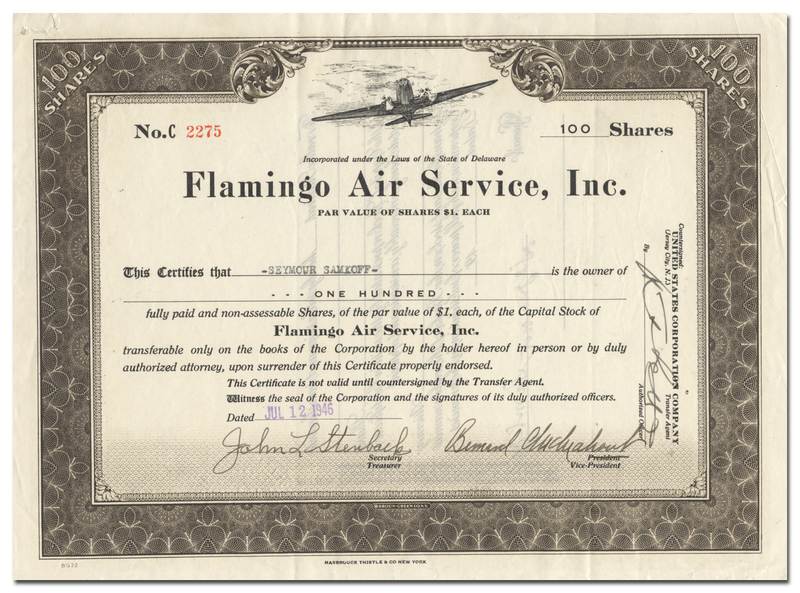 Flamingo Air Service, Inc. Stock Certificate