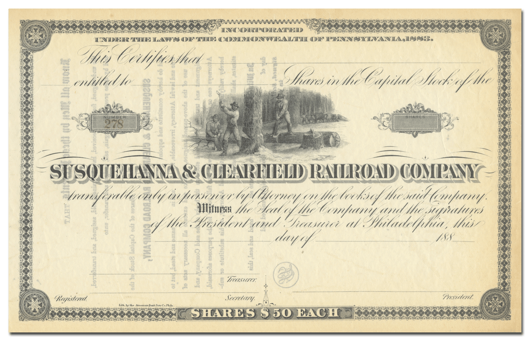 Susquehanna & Clearfield Railroad Company Stock Certificate