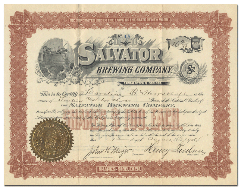 Salvator Brewing Company Stock Certificate