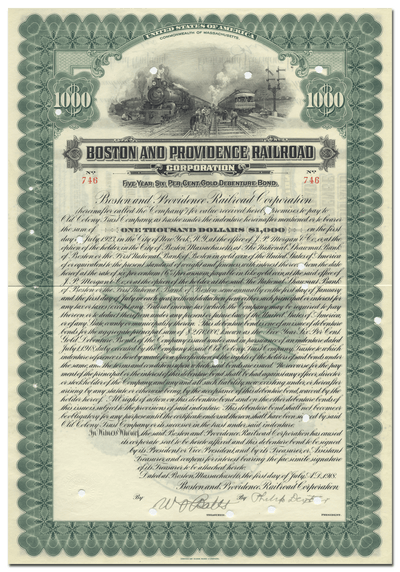 Boston and Providence Railroad Corporation Bond Certificate