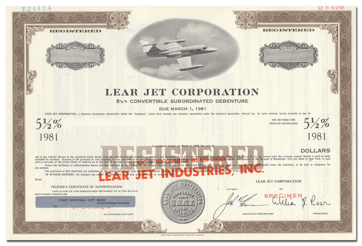 Lear Jet Corporation Specimen Bond Certificate