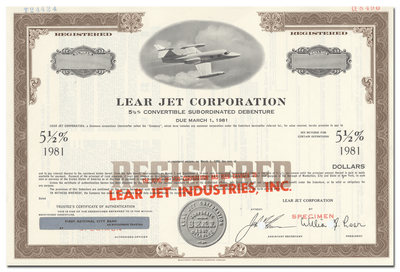Lear Jet Corporation Specimen Bond Certificate