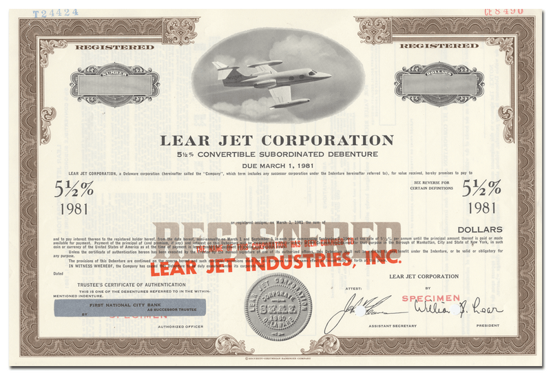 Lear Jet Corporation Specimen Bond Certificate