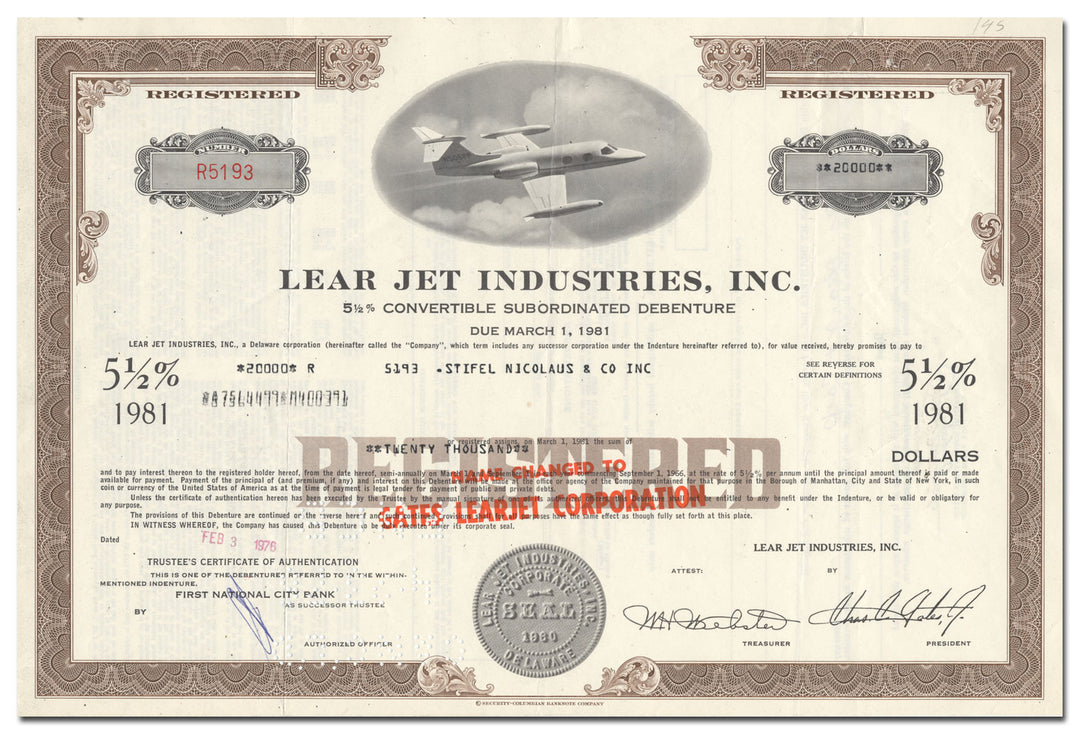 Lear Jet Industries, Inc. Bond Certificate