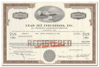 Lear Jet Industries, Inc. Bond Certificate