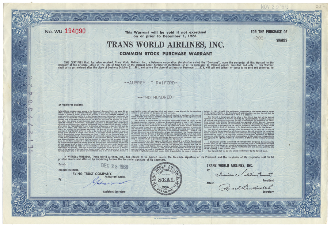 Trans World Airlines, Inc. Stock Certificate