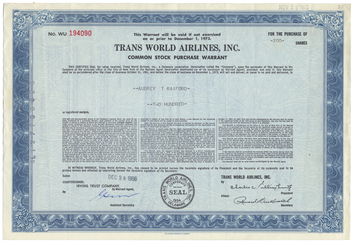 Trans World Airlines, Inc. Stock Certificate