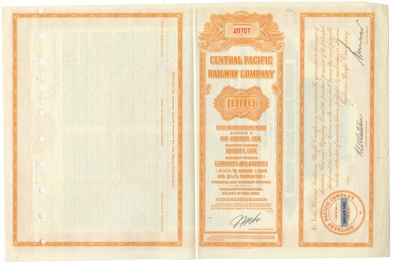 Central Pacific Railway Company Bond Certificate