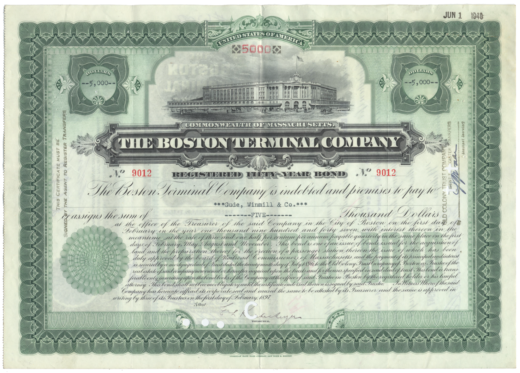 Boston Terminal Company Bond Certificate