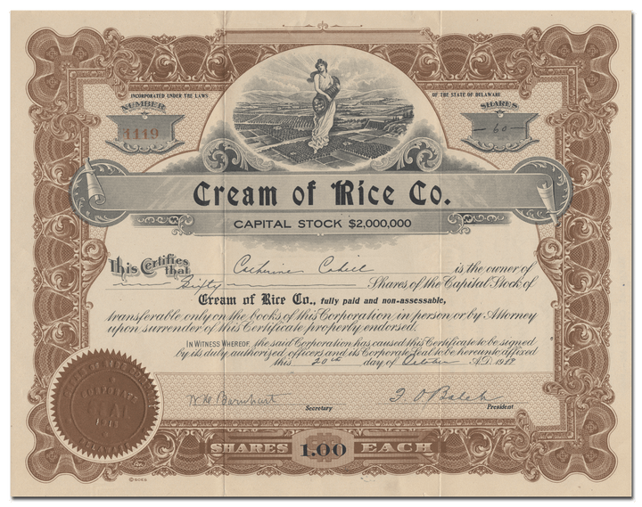 Cream of Rice Co. Stock Certificate