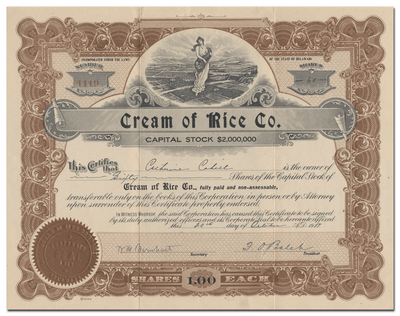 Cream of Rice Co. Stock Certificate