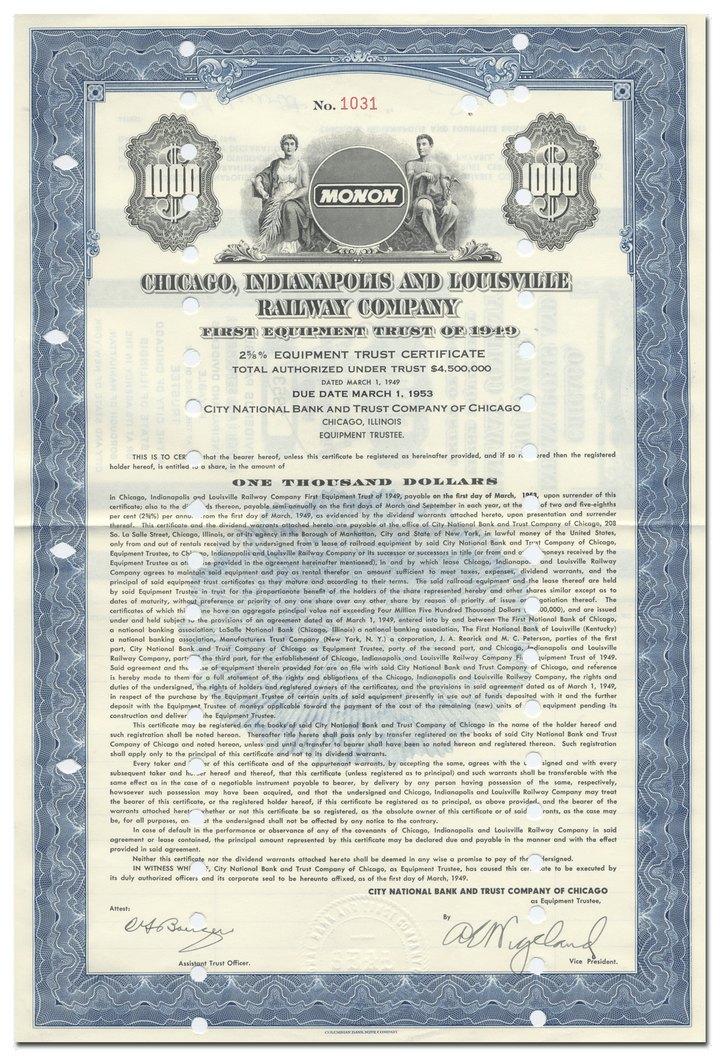 Chicago, Indianapolis and Louisville Railway Company Bond Certificate