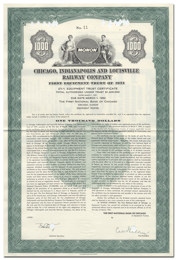 Chicago, Indianapolis and Louisville Railway Company Bond Certificate