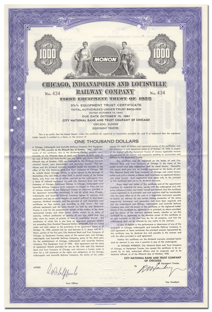 Chicago, Indianapolis and Louisville Railway Company Bond Certificate