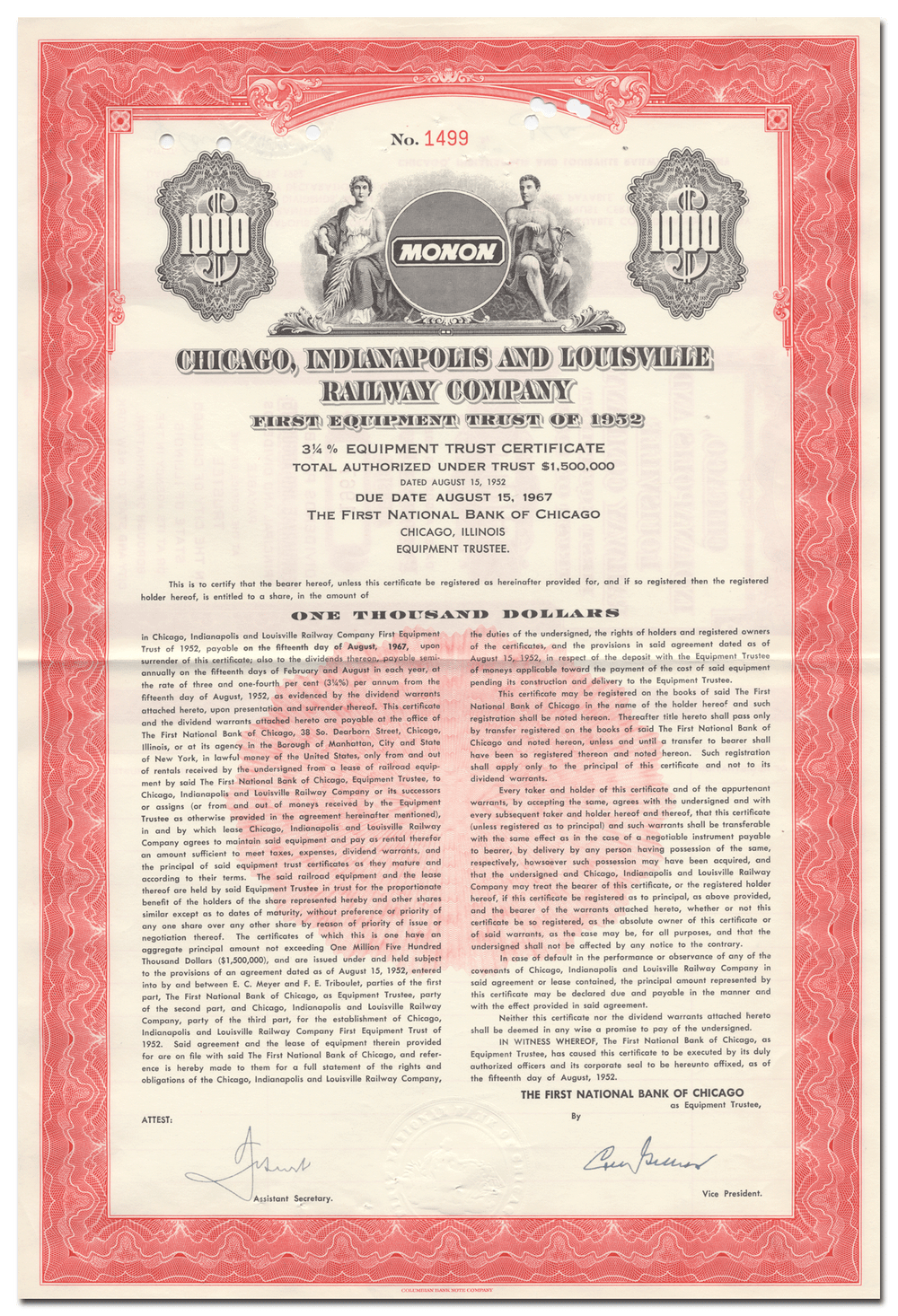 Chicago, Indianapolis and Louisville Railway Company Bond Certificate