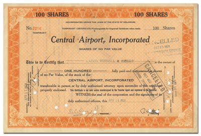 Central Airport, Incorporated Stock Certificate