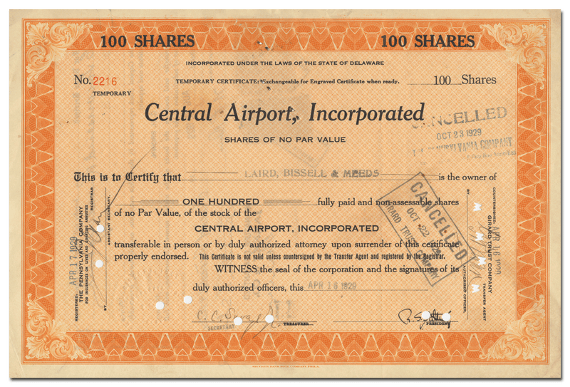 Central Airport, Incorporated Stock Certificate