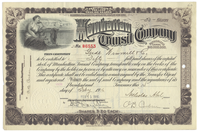 Manhattan Transit Company Stock Certificate