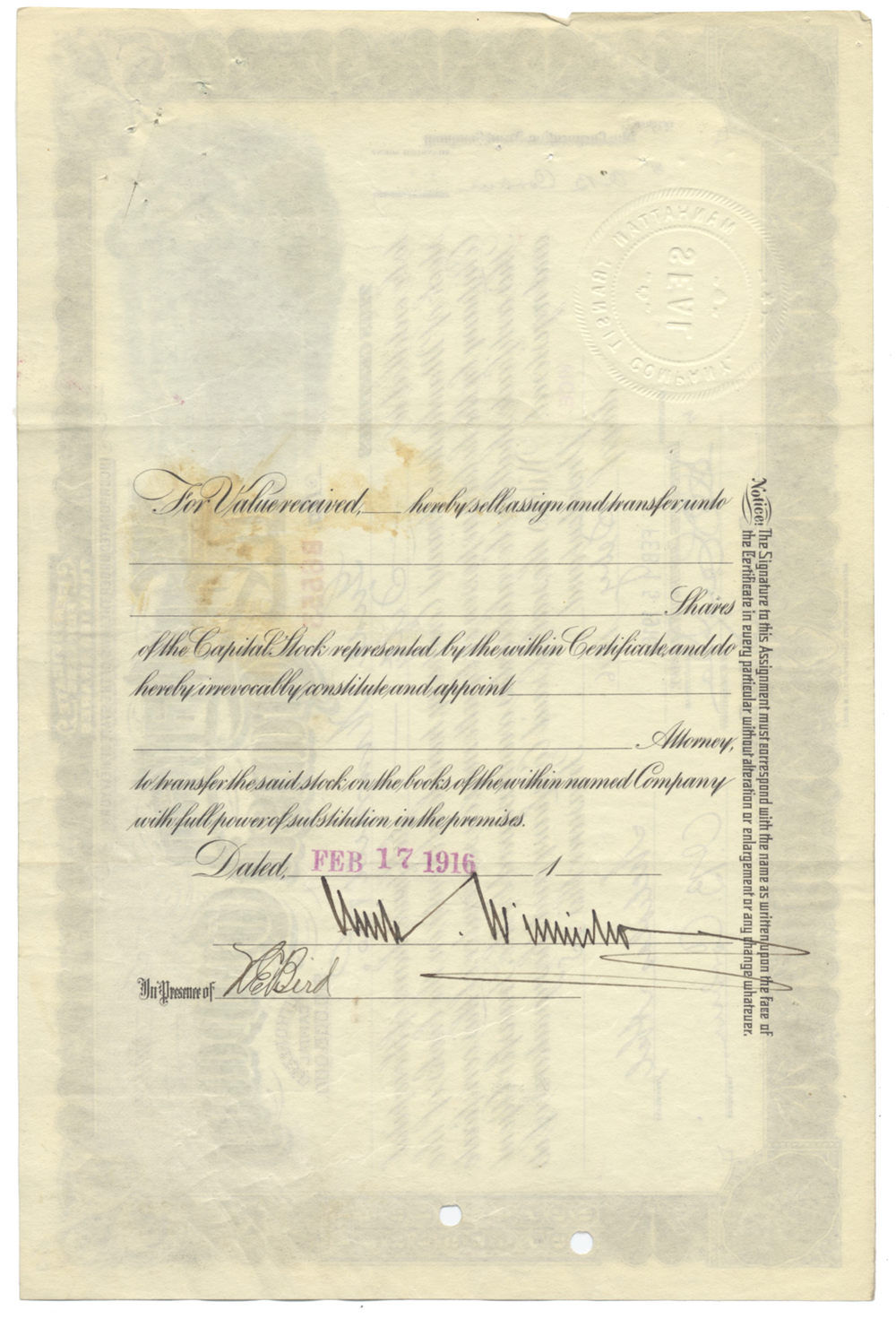 Manhattan Transit Company Stock Certificate